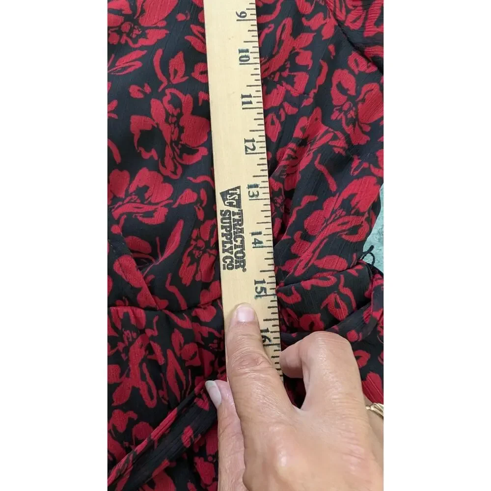 Torrid Black Red Midi Dress 00 Large V Neck sheer Balloon Sleeve Pockets - Picture 10 of 14